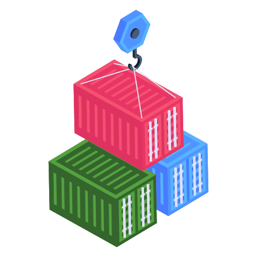 Cartoon art of a red shipping container being stacked on top of a blue and green container