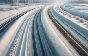 snowy-road-trailer-maintenance Illustration of snowy tire tracks on a road