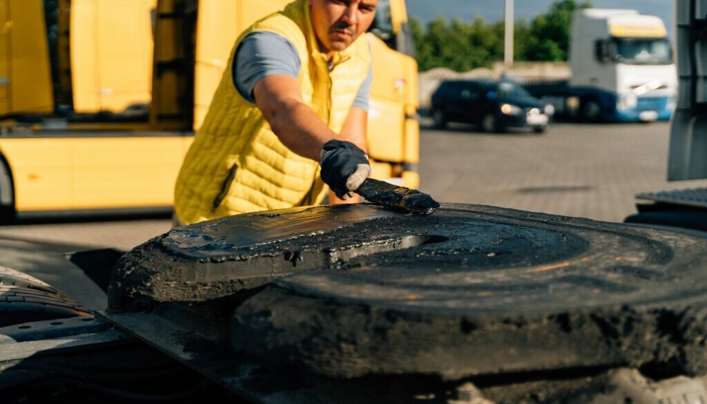 Man in a Yellow Vest Spreading Lubricant on a Trailer Coupling Trailer Maintenance