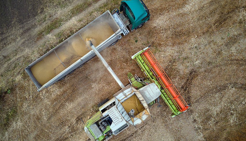 Types of Agricultural Trailers Aerial View of Harvester and Grain Cargo Trailer